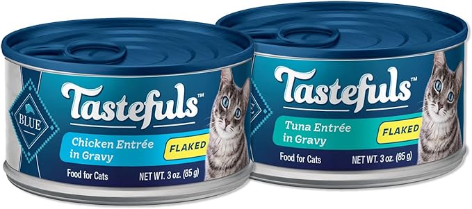 Blue Buffalo Tastefuls Natural Flaked Wet Cat Food Bundle, Flaked Chicken and Tuna 3-oz cans (48 Count- 24 of Each Flavor)