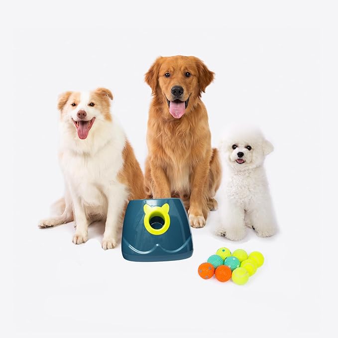 Automatic Ball Launcher for Dog, Including 9 Small Sized 2-inch Balls, Adjustable Launch Distance, Suitable for Small to Medium Sized Dogs (Blue)