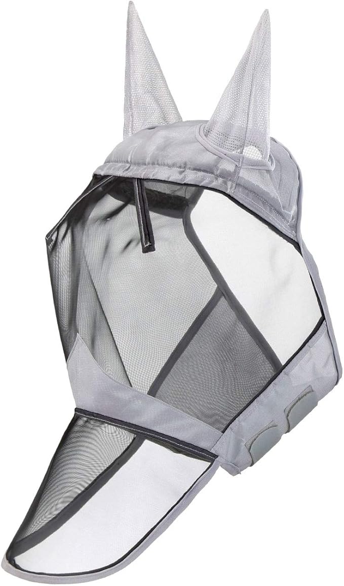 Harrison Howard CareMaster Horse Fly Mask Long Nose with Ears Full Face Silver/Black Retro Small Pony