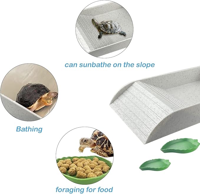 3 PCS Tortoise Food Dish with Ramp and Tortoise Water Bowl,Gray Reptile Water Bowl,Reptile Water Dish Amphibians Habitat,Reptile Water Bowl for Turtles,Horned Frogs and Lizards（Brown）