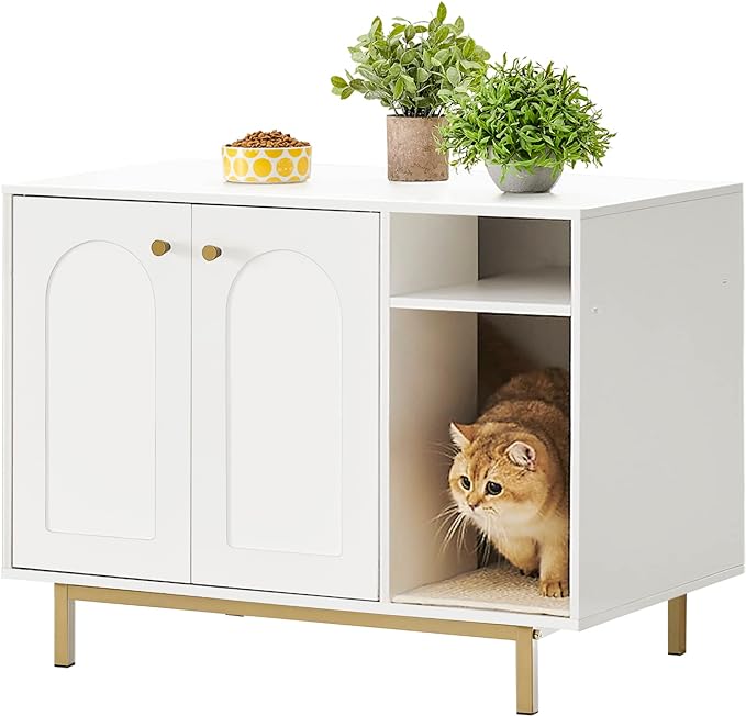 Cat Litter Box Enclosure, Hidden Litter Box Furniture, Wooden Pet House Side End Table, Storage Cabinet Bench for Living Room, Bedroom, 31.5 x 19.7 x 23.9 inches, White and Gold 01503GCLB