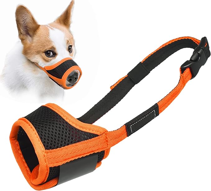 Dog Muzzle Anti Biting Barking and Chewing with Comfortable Mesh Soft Fabric and Adjustable Strap, Suitable for Small, Medium and Large Dogs(Orange Trim,M)