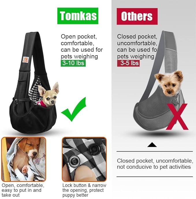 Tomkas Dog Sling Carrier for Small Dogs Puppy (Black, Unajustable Strap & Classic Pocket)