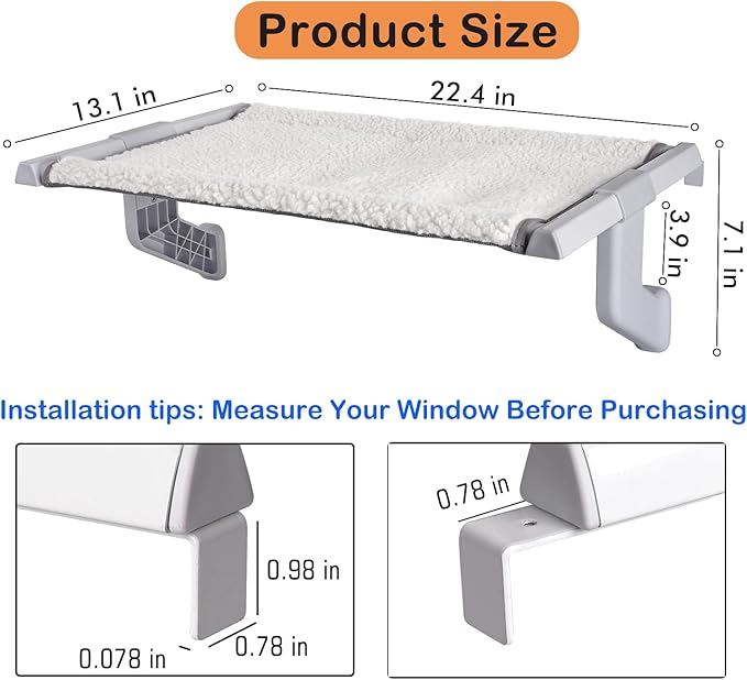 Cat Window Perch No Screws Easy to Adjust & Assemble with Reversible Washable Cover,Heavy Duty Metal Frame Cat Hammock Bed Seat Shelf for Windowsill,Ledge,Bedside for Large Cats and Kittens