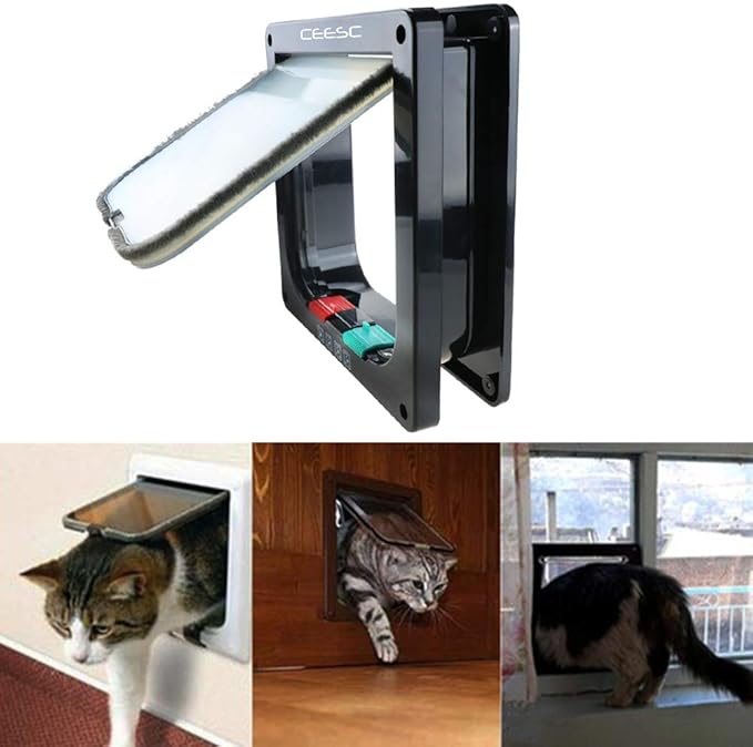 CEESC Cat Flap Door Magnetic Pet Door with 4 Way Lock for Cats, Kitties and Kittens, 2 Sizes and 2 Colors Options (M- Inner size: 6.18"(W) x 6.30"(H), Black)