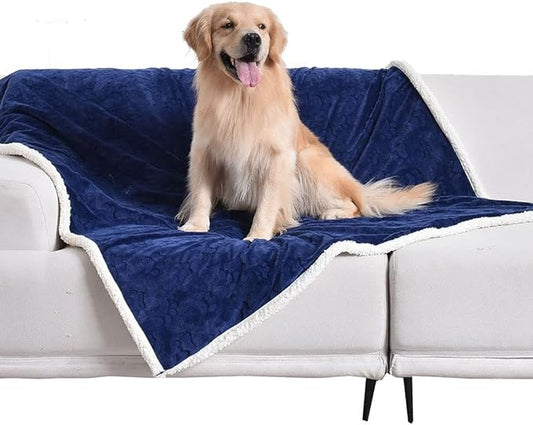 Qeils Dog Blankets for Medium Dogs - Waterproof Cat Blanket Washable - Sherpa Fleece Puppy Blanket, Soft Plush Reversible Throw Protector for Bed Couch Car Sofa, 50"X60", Navy Blue