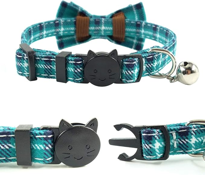 Cat Collar Breakaway with Bell and Bow Tie, Plaid Design Adjustable Safety Kitty Kitten Collars(6.8-10.8in) (Cyan-Blue)