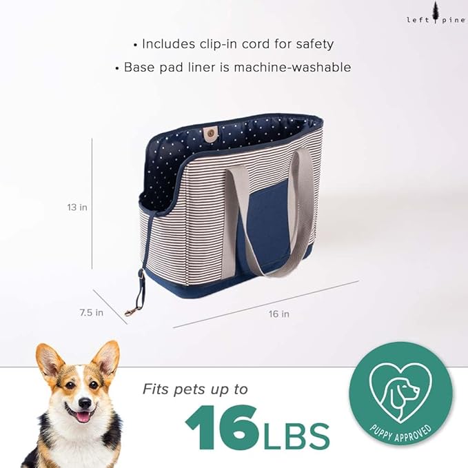 LeftPine x P.L.A.Y. Deluxe Dog Carrier Purse - Soft Sided Pet Travel Tote for Small Dogs & Puppies with Built-In Safety Leash - Machine Washable Liner, Exterior Pocket, Magnetic Closure (Navy Striped)