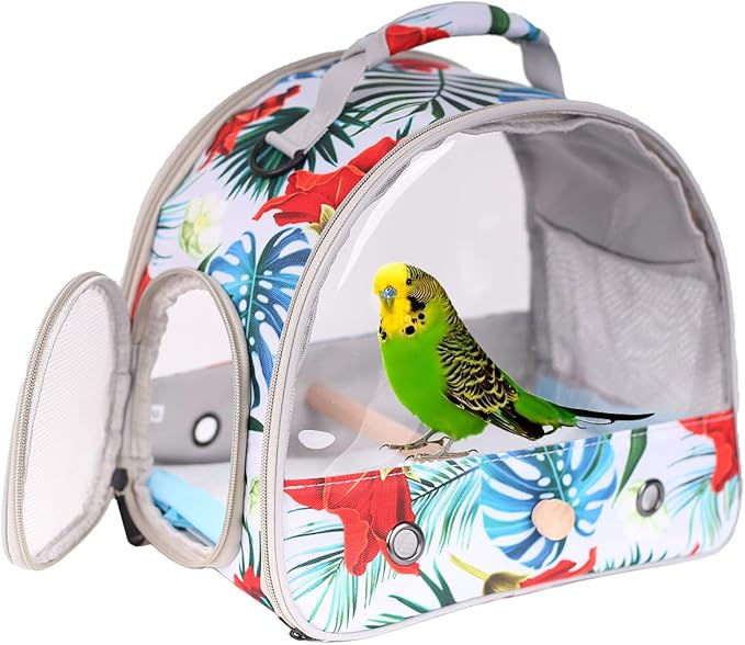 Portable Small Bird Travel Carrier Cage with Stand Perch, Bird Carrier to Carry Parakeet Budgies Parrot Cockatiel Conure Outdoor, Front Clear Window with Floral Printing