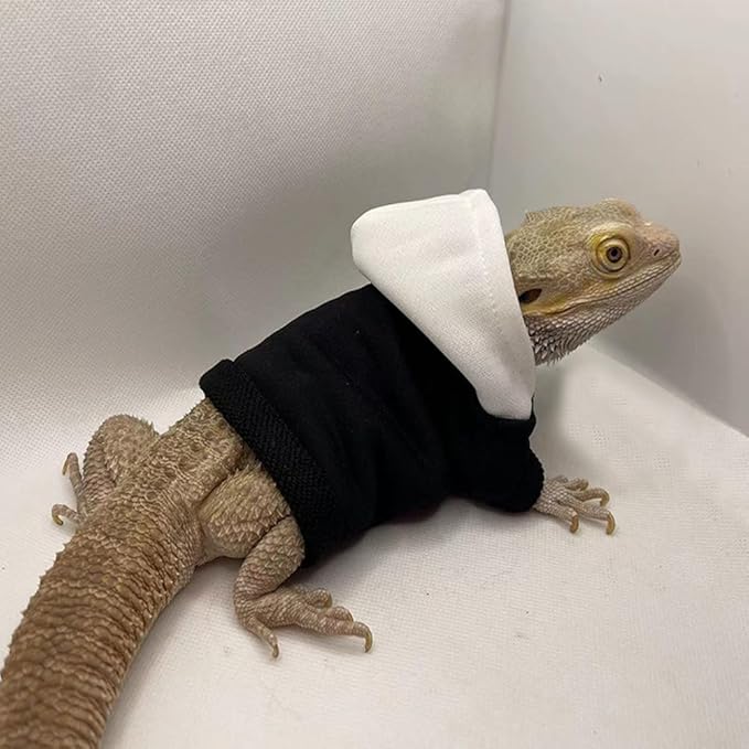 Lizard Clothes for Bearded Dragons Reptile Apparel Handmade Cotton Material Hoodies Sweater T-Shirt for Skin Protection Photo Party for Lizard bearded dragon Crested Gecko Chameleon (Black, Large)