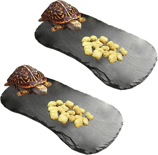 Reptile Basking Platform 11''x5.5'' Turtle Rock Plate Feeding Food Bowl Dish Feeding Slate Tortoise Bathing Resting Platform for Lizard Gecko Bearded Dragon Chameleon Snake Frog-2Pcs