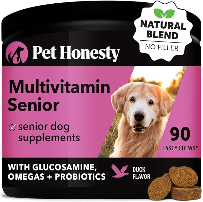 Pet Honesty Senior Dog Multivitamin - Essential Dog Vitamins and Supplements - Glucosamine, Probiotics, Omega Fish Oil for Dogs Health & Heart- Dogs Vitamins Health Supplies (Duck 90 ct)