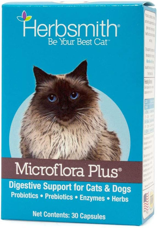 Herbsmith Microflora Plus – 4-in-1 Complete Cat Digestive Aid – Cat Prebiotics and Probiotics – Cat Probiotics for Diarrhea - 30 Capsules