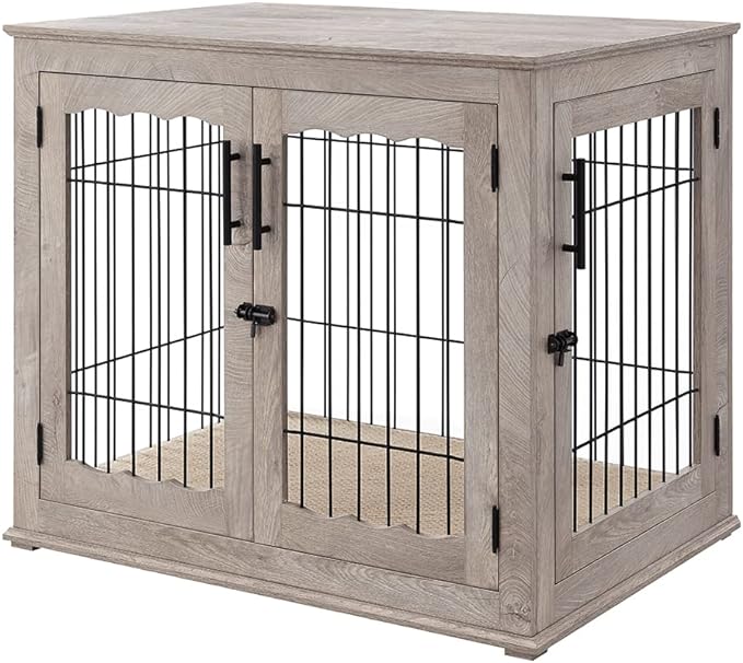 beeNbkks Furniture Style Dog Crate End Table, Double Doors Wooden Wire Dog Kennel with Pet Bed, Decorative Pet Crate Dog House Indoor Medium Large