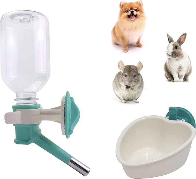 Choco Nose Patented No-Drip Water Bottle/Feeder and Detachable Food Dish Set for Puppies/Toy Breed Dogs/Rabbits/Cats/Chinchillas and Other Small Pets and Animals 10.2 Oz Nozzle 13mm, Aqua(C528 C607)