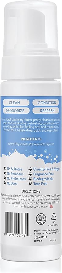 Waterless Foam Shampoo for Cats - No Rinse, Dry Shampoo for Cats - Eliminates Odors - Gentle & Anti-Itch - Natural & Hypoallergenic Waterless Cat Shampoo – Fragrance Free - 8 fl oz