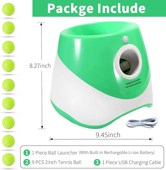 Automatic Dog Ball Launcher, Dog Ball Thrower Machine with 10-30Ft 3 Launching Distance, USB Rechargeable Dog Fetch Machine with 9 Tennis Balls for Indoor/Outdoor Throwing Game (Green)