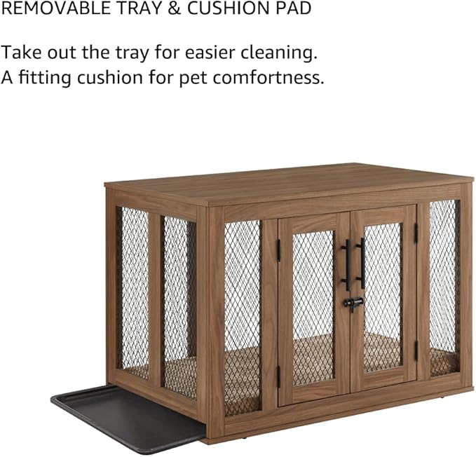 unipaws Furniture Dog Crate with Tray for Medium Dogs, Indoor Aesthetic Puppy Kennel Pet House Dog Cage with Door, Modern Decorative Wood Pretty Cute Fancy End Side Table Nightstand, Walmut