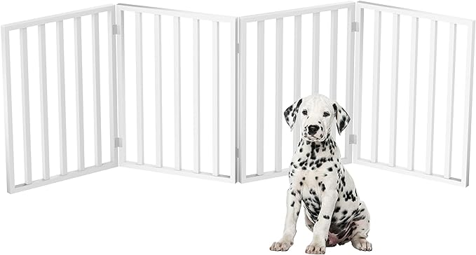 Pet Gate - 4-Panel Indoor Foldable Dog Fence for Stairs, Hallways or Doorways - 72x24-Inch Retractable Wood Freestanding Dog Gates by PETMAKER (White)