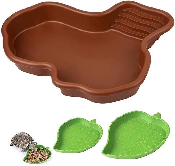 3PCS Tortoise Food Dish with Ramp Leaf Tortoise Food Water Bowls Reptile Food Water Bowls Amphibians Habitat Accessories for Horned Frogs Lizards Fit for Bath