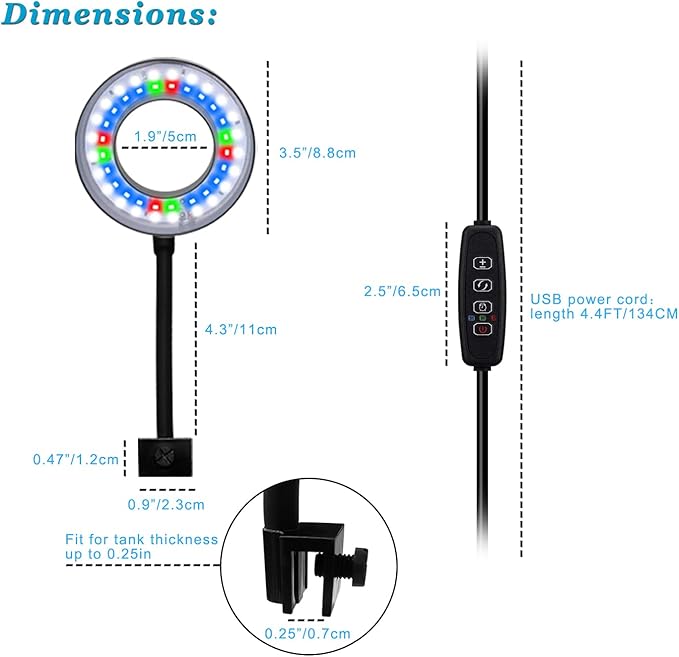 Clip On Aquarium Light with Timer for 1 to 3 Gal Fish Tank (Dimmable White+Blue+Red LED) USB Moving Lamp for Open Terrarium (Adapter NOT Included)