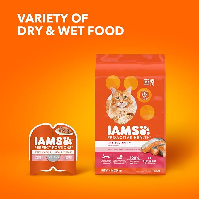 IAMS PROACTIVE HEALTH Adult Healthy Dry Cat Food with Salmon Cat Kibble, 16 lb. Bag