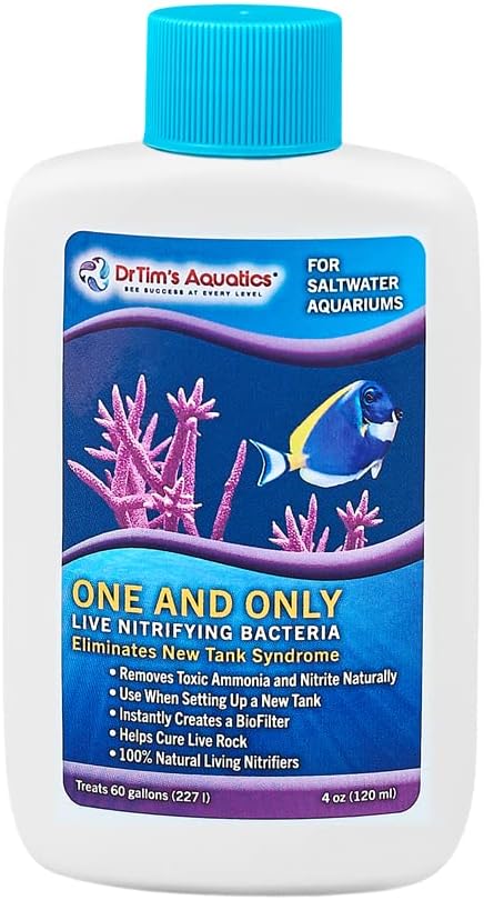 Dr. Tim’s Aquatics Saltwater One & Only Nitrifying Bacteria – For New Fish Tanks, Aquariums, Water Filtering, Disease Treatment – H20 Pure Fish Tank Cleaner – Removes Toxins – 4 Oz.