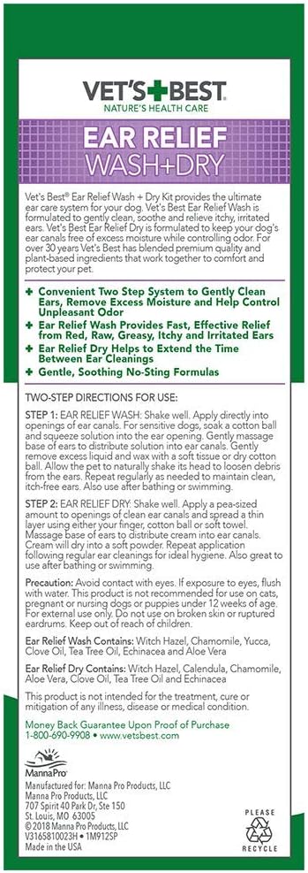 Vet's Best Dog Ear Cleaner Kit | Multi-Symptom Ear Relief | Wash & Dry Treatment | Alcohol-Free 4 Fl Oz (Pack of 2)