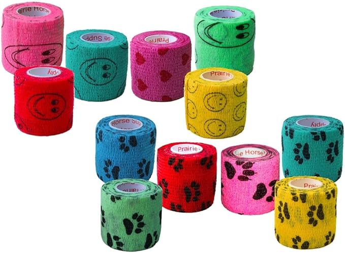 Prairie Horse Supply 2 Inch Vet Wrap Tape Bulk (Black, Red, Yellow and Black Paw Prints on Yellow, Red, Teal) (Pack of 24) Self Adhesive Adherent Adhering Flex Bandage Grip Roll for Dog Cat Pet