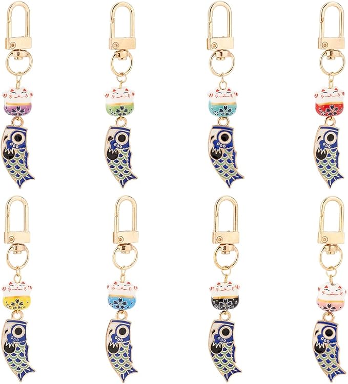 PH PandaHall 8pcs Beckoning Cat Keychains Lucky Cat Keychain Keyrings Japanese Maneki Neko Fortune Pendants Wealth Health Cat Ornament Mobile Phone Pendant for Cell Phone Backpack Wallet Christmas