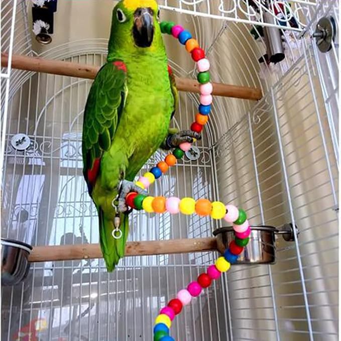 Bird Wood Beads Perch Parrot Revolving Suspension Bridge Toys Comfy Perch Bird Chew Toy for Parakeets Cockatiels, Conures, Budgerigar, Macaw, Lovebirds, Finches (59 inch)