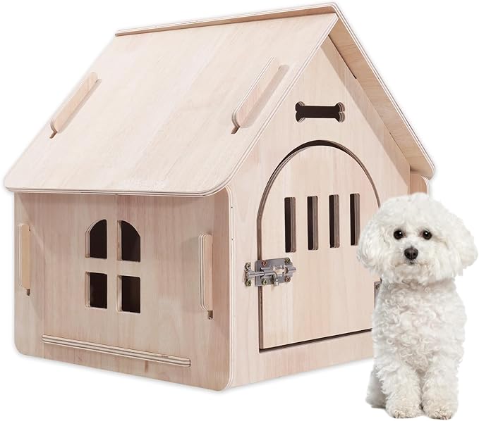 Dog House Indoor with Door for Small Medium Dogs, Small Dog House Breathable Weatherproof, Easy Assemble Solid Wood Dog House with Air Vents and Elevated Floor(15.35" W x 15.75" D x 16.93" H)