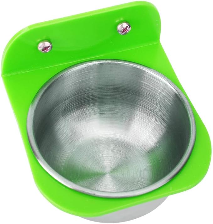 Bird Cage Feeder, Stainless Steel Food Water Bowls with Plastic Holder Parrot Feeding Bowls Cup for Macaw African Greys Budgies Parakeet Cockatiels Conure Lovebird Finch(Green)