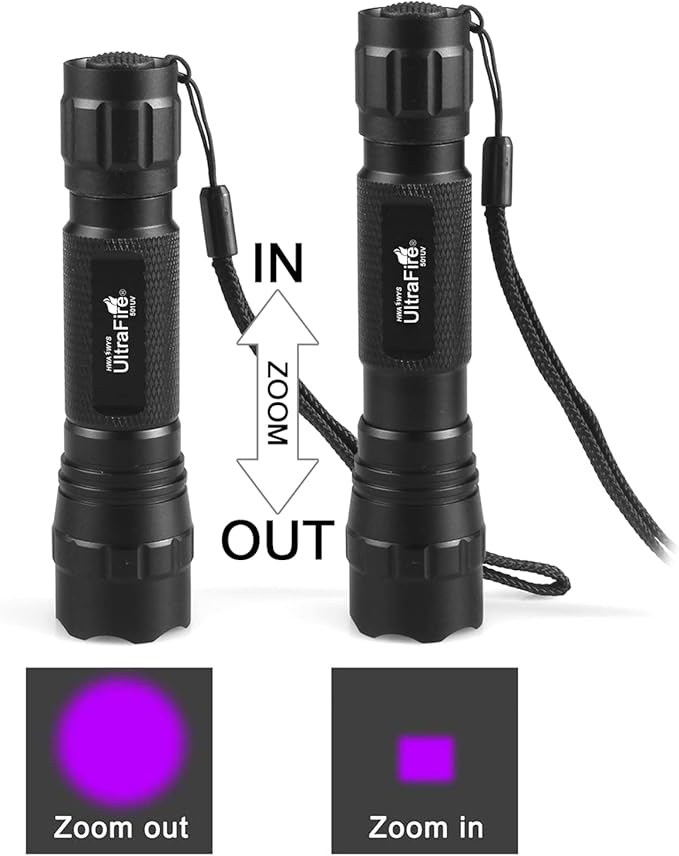 ULTRAFIRE 501B UV Flashlight Adjustable Focus 395nm Ultraviolet Black Light Mini Flashlight,Pet Urine Detector for Resin Curing, Dry Stain, Scorpion and Bed Bug UV Torch