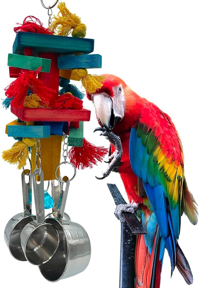 Large Bird Parrot Toys, Multicolored Natural Wooden Blocks and Cotton Knots with Stainless Steel Cups for Large and Extra Large Parrots Macaw African Gray Amazon Cockatoo