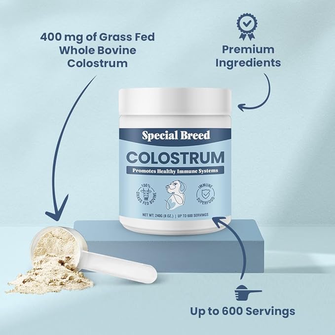 Bovine Colostrum for Dogs and Cats, Immune Support Supplement for Allergy and Itch Relief, Grass Fed Colostrum Powder (240 Grams)