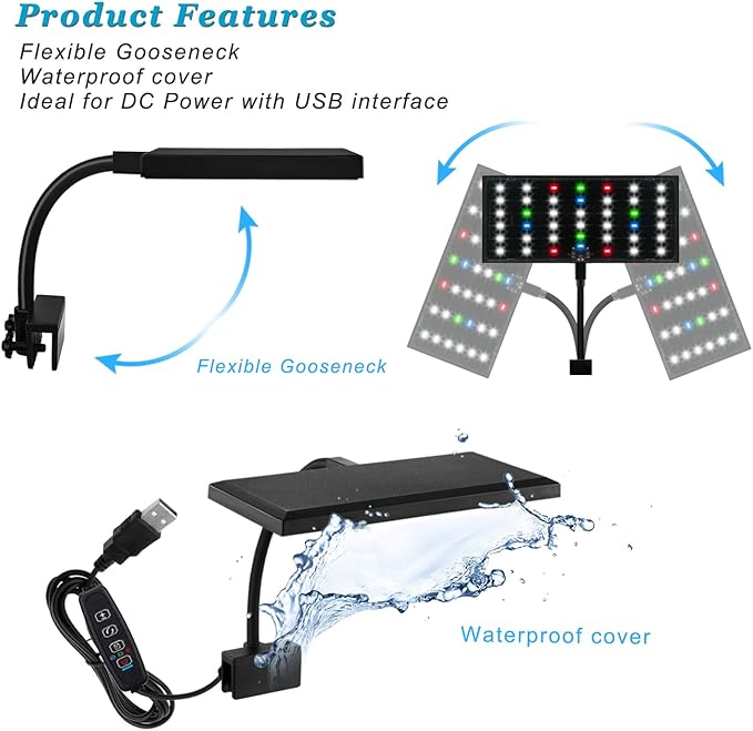 Clip On Aquarium Light with Timer for 3 to 8 Gal Fish Tank (Dimmable Full Spectrum LED) USB Moving Lamp for Open Terrarium (Adapter NOT Included)