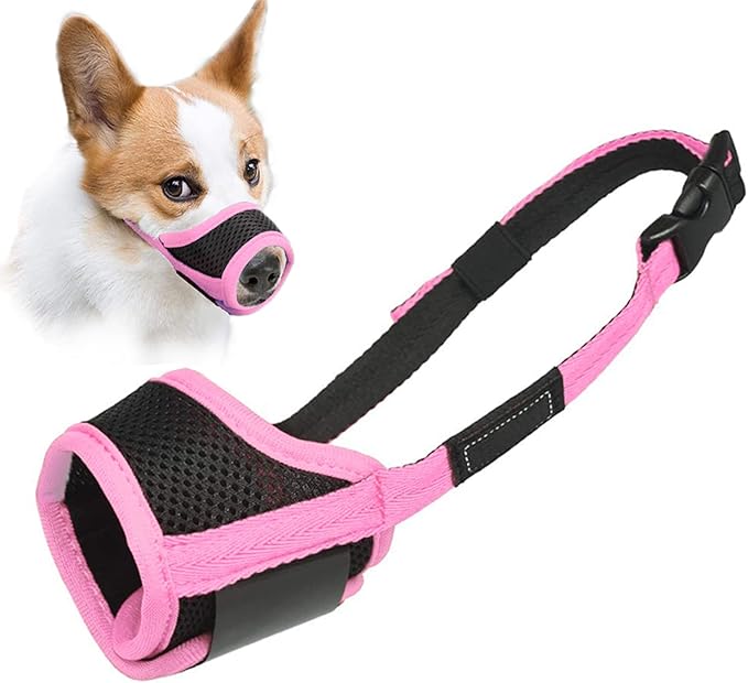 LUCKYPAW Dog Muzzle Anti Biting Barking and Chewing with Comfortable Mesh Soft Fabric and Adjustable Strap, Suitable for Small, Medium and Large Dogs(Pink Trim,S)