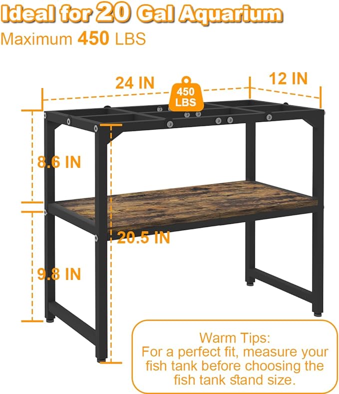 20 Gallon Fish Tank Stand with Shelf for Accessories Storage, 2 Tiers Heavy Duty Metal Aquarium Stand, Breeder Tank Turtle Reptile Terrariums Stand Rack for Home Office, 24" L x 12" W, Black