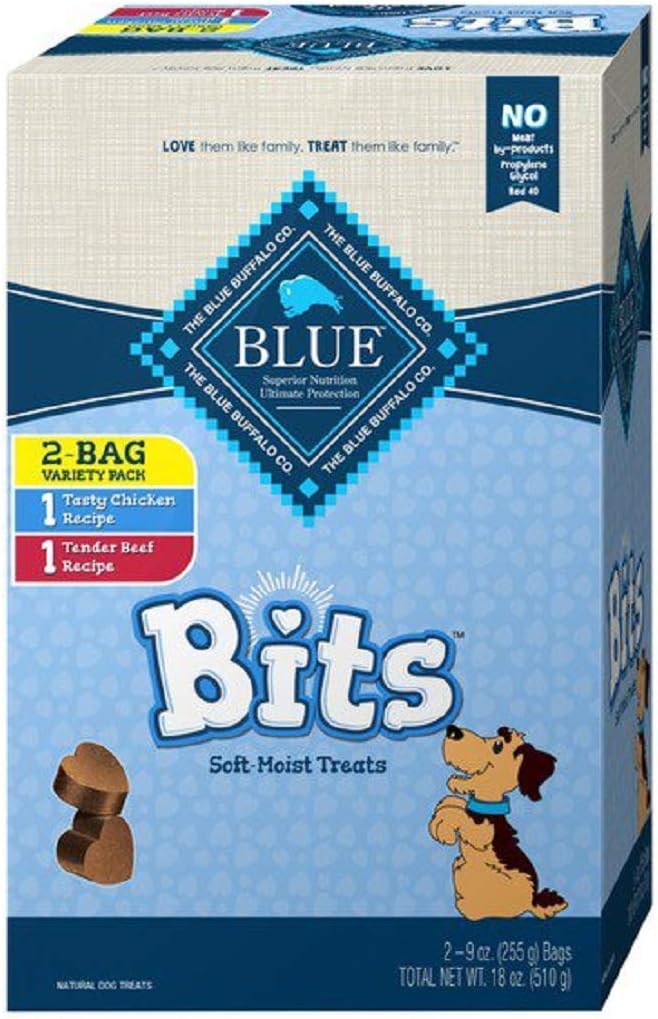 Blue Buffalo Blue Bits Natural Soft-Moist Training Dog Treats Variety Pack 2 Flavors ( 11 OZ Each Bag ) 22 OZ Total.