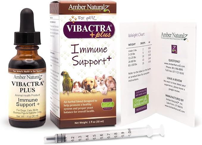 Amber NaturalZ Vibactra Plus Herbal Supplement for Dogs, Cats, Birds, Guinea Pigs, and Rabbits | Herbs for Immune Health and Yeast Balance | 1 Fluid Ounce Glass Bottle | Manufactured in The USA