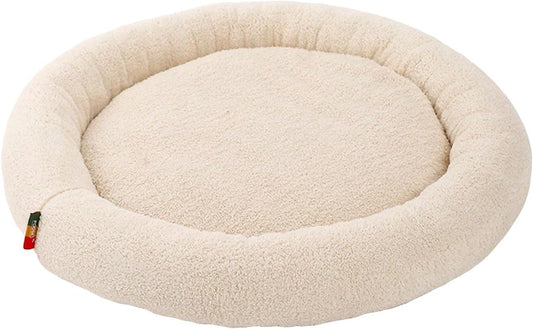 QWINEE Cat and Dog Cushion Bed Mat Plush Puppy Kitten Beds Round Bed Anti-Slip Pet Sleeping Bed for Small Medium Dog Cat Kitten Beige L