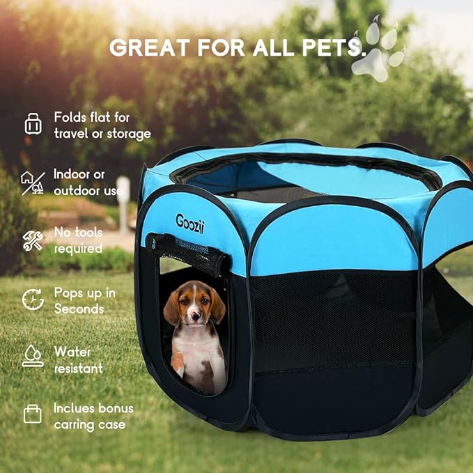 Portable Dog Playpen Indoor Outdoor, Collapsible Pet Dog Playpen with Zipper Top Cover, Cat Puppy Bunny Kitten Exercise Play Pen Tent for Beach RV Car (Medium Size,Black Blue)