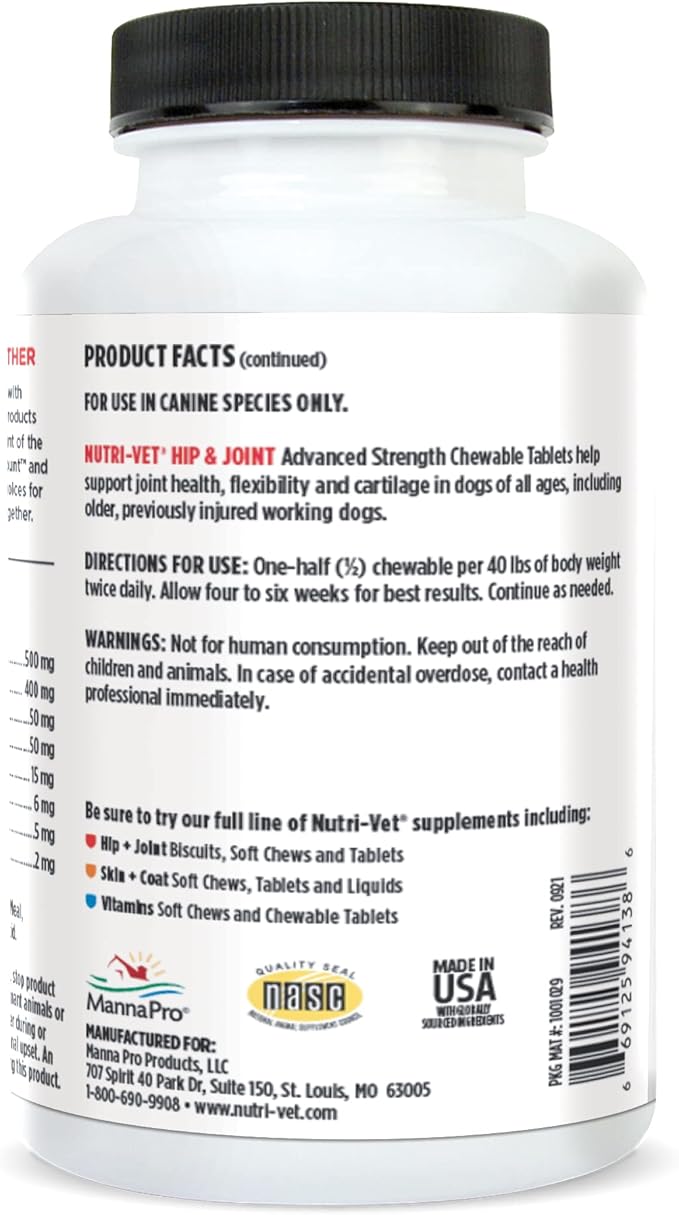 Nutri-Vet Advanced Strength Hip & Joint Chewable Dog Supplements | Formulated with Glucosamine & Chondroitin to Support Dog Cartilage & Mobility | 150 Tablets,RED