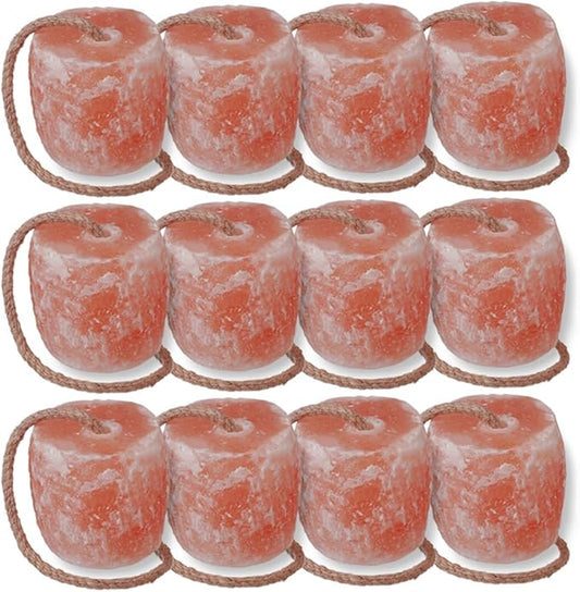 Himalayan Salt Lick on Ropes for Animals - All Natural Pure Mineral Block - Himalayan Pink Salt Block for Deer, Salt Block for Horses, Salt Block for Sheeps, and Cows. 3-4 lbs Each (Pack of 12)