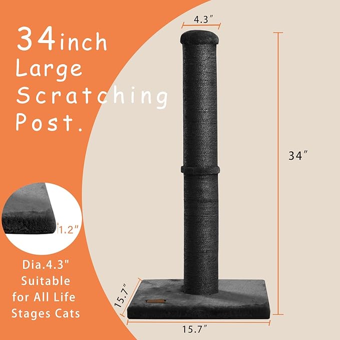 34inch Cat Scratching Post with Natural Sisal Rope 4.3Inch Large Diameter Scratcher Post Tree for Indoor Cats Black