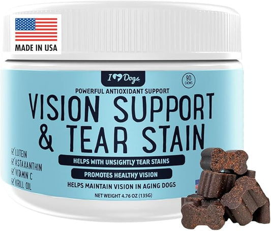 iHeartDogs Vision & Tear Stain Chews for Dogs - Dog Eye Care Supplement for Eye Moisture + Vision & Immune Support with Krill Oil, Lutein, Astaxanthin, Cranberry, Apple Cider Vinegar & Vitamin C