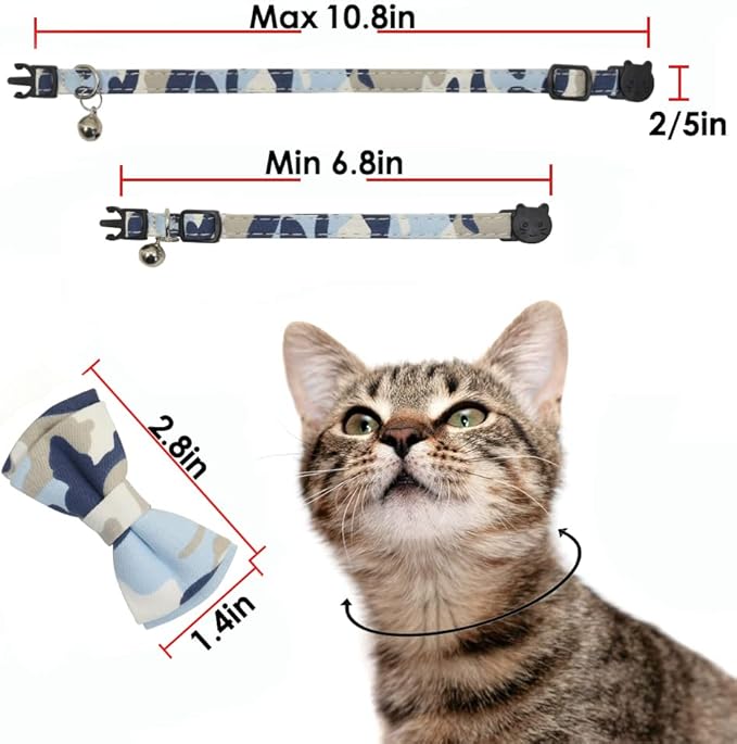 Cat Collar Breakaway with Bell and Bow Tie, Plaid Design Adjustable Safety Kitty Kitten Collars(6.8-10.8in) (Camouflage 2&3)