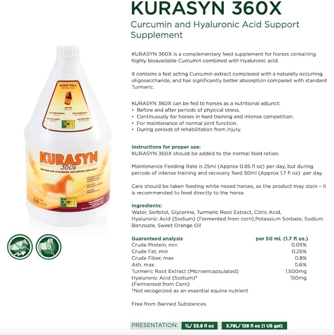 Kurasyn 360x Horse Feed Supplement for Improved Performance and Mobility with Fast-Acting Curcumin - 126 fl oz/1 US Gal (3.75 Liter) - 126 fl oz (1 US Gal)