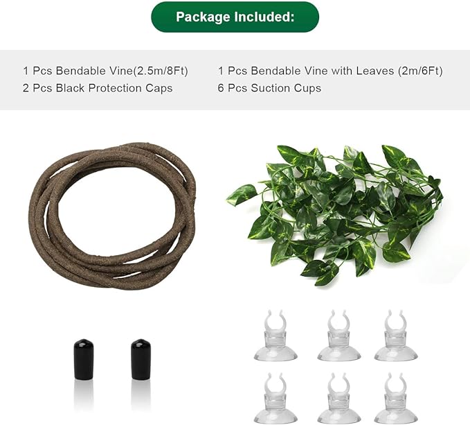 Coolrunner 8FT Reptile Vines and Flexible Reptile Leaves with Suction Cups Jungle Climber Long Vines Habitat Decor for Climbing, Chameleon, Lizards, Gecko